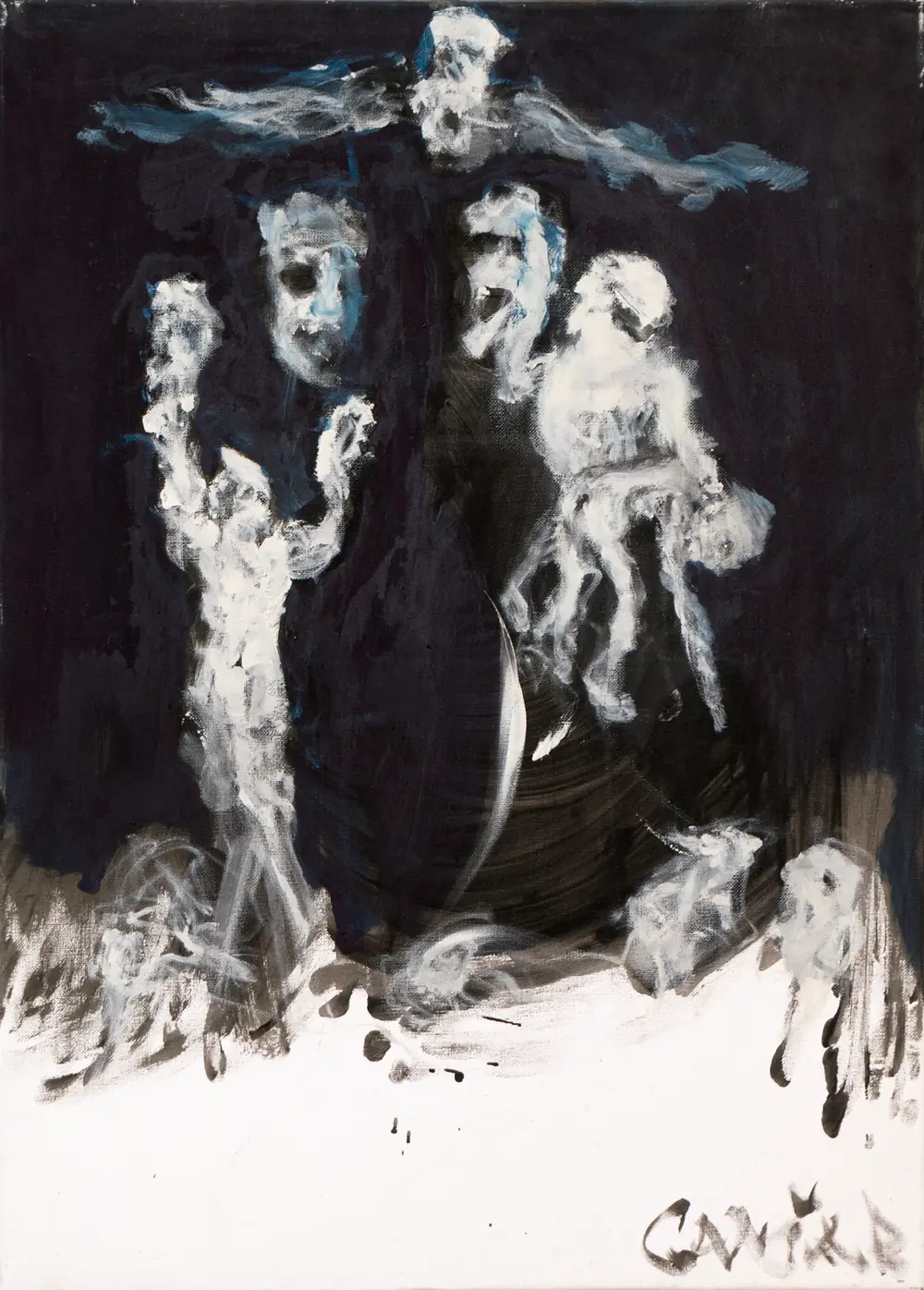 Crucifixion of a Thought — postavy na temně modrém plátně, spodní část bílá