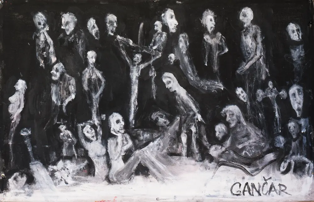 Procession of the Damned — řady bledých postav na černém plátně, dole bílý pruh