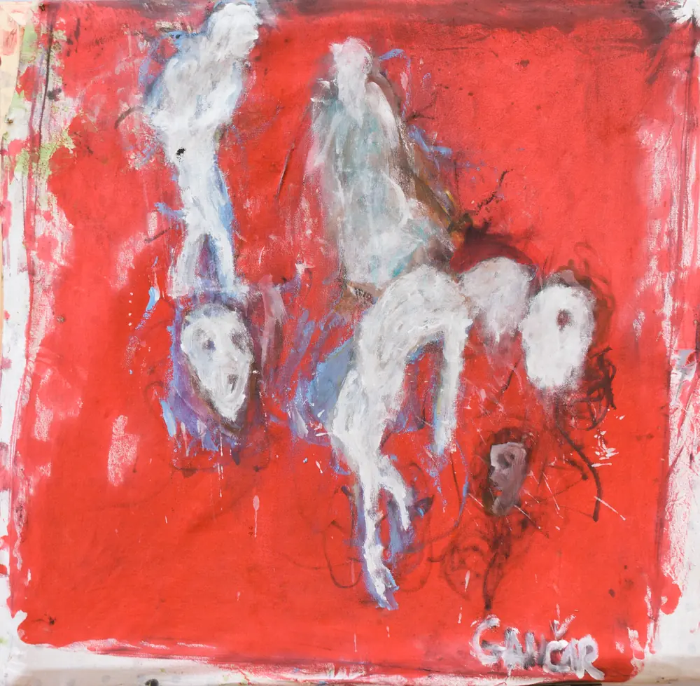 The Screamed Canvas — bílé postavy a tváře na sytě červeném plátně