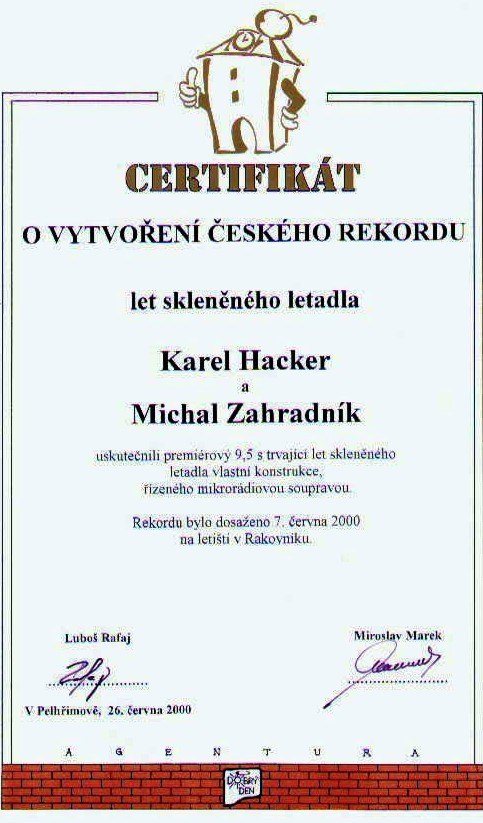 Certifikát českého rekordu — letadlo