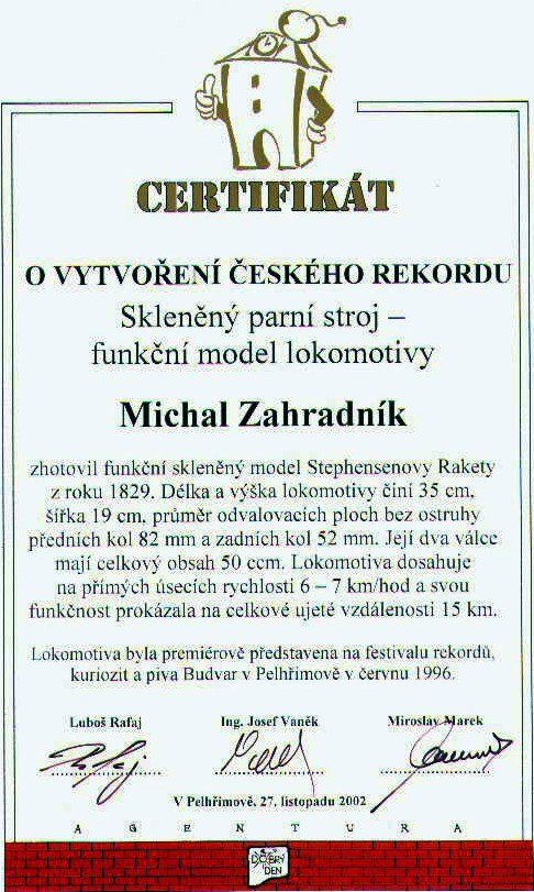 Certifikát českého rekordu — parní lokomotiva