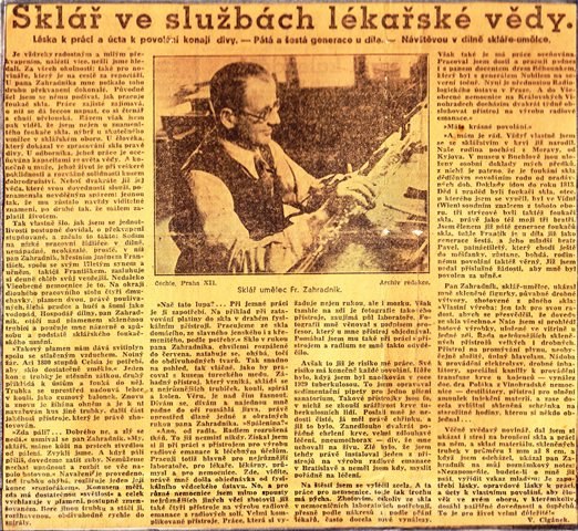 Sklář ve službách lékařské vědy — článek z roku 1940