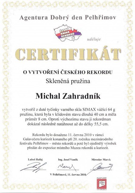 Certifikát českého rekordu — skleněná pružina